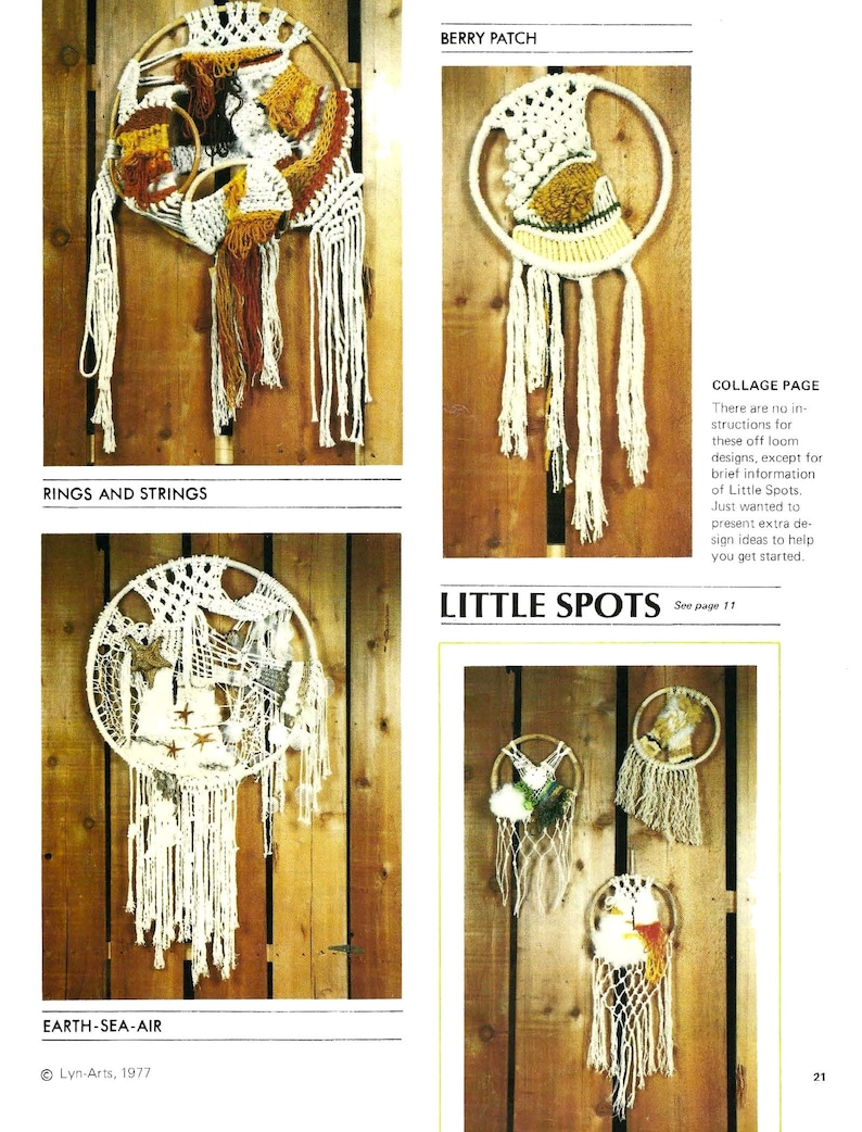 May include: Four macrame wall hangings with different designs. The designs include a berry patch, rings and strings, earth-sea-air, and little spots. The hangings are all made with white cord and feature different colored accents.
