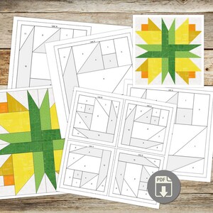 May include: A collection of paper quilting patterns and templates, featuring geometric designs in shades of yellow, green, and orange. The patterns are accompanied by a PDF download icon, suggesting digital availability. The background is a rustic wooden surface.