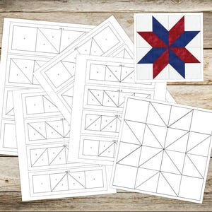 Peut inclure: Plusieurs patrons de patchwork imprimés et un bloc de quilt terminé. Les patrons sont imprimés sur du papier blanc avec des lignes et des chiffres noirs. Le bloc terminé présente un motif d'étoile rouge et bleu.
