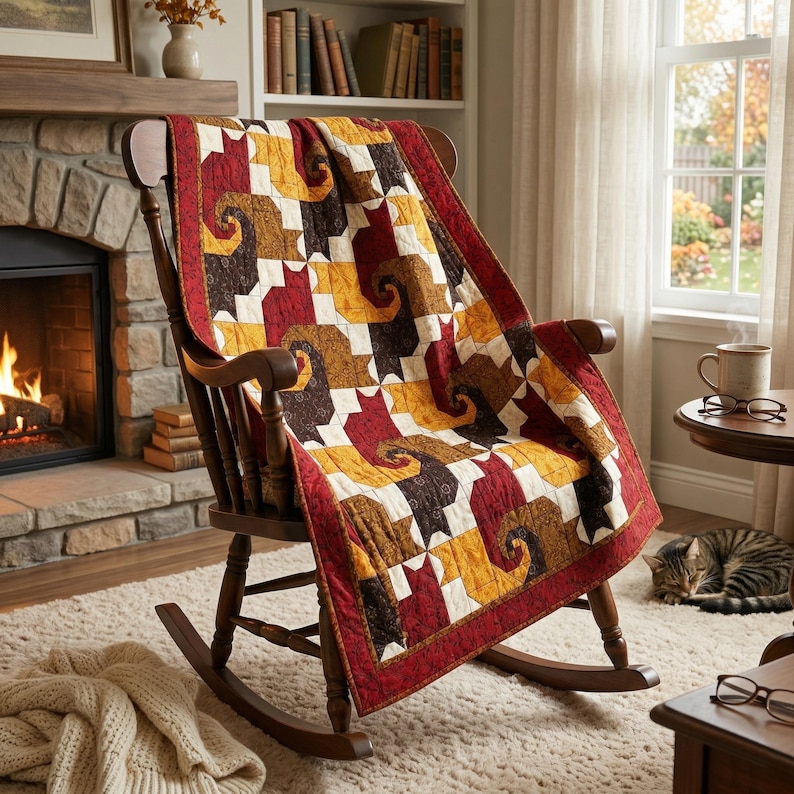 May include: A quilt featuring a repeating pattern of stylized cats in shades of red, gold, and dark brown. The quilt has a solid red border and is draped over a dark wooden rocking chair. The fabric displays intricate swirling textures.