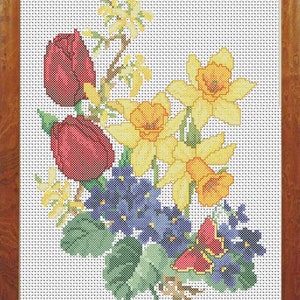 Spring Flowers Cross Stitch Pattern, Modern Cross Stitch Pattern, Bouquet Cross Stitch Pattern, Needlepoint Chart, Pdf, Instant Download