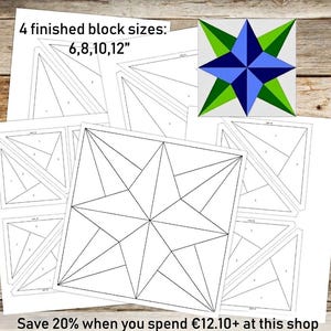 May include: A paper quilt pattern featuring a star design with numbered sections for assembly. The text reads 4 finished block sizes: 6, 8, 10, 12 inches. A small color reference square shows a blue and green star on a light gray background.