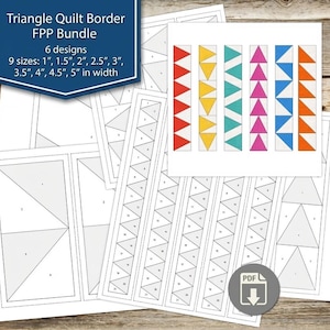 May include: A digital bundle of Triangle Quilt Border FPP patterns featuring 6 designs in 9 sizes from 1 inch to 5 inches in width. The document includes black and white geometric templates and a color reference chart showing red, yellow, teal, pink, blue, and orange triangles.