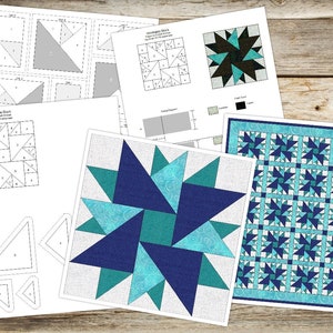 May include: A collection of printed quilt patterns and diagrams. The designs feature geometric star patterns in shades of blue and teal. Some pages show individual block designs, while others display the finished quilt layouts. The patterns are on white paper.