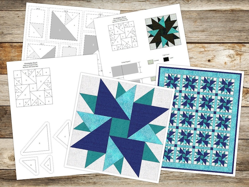 May include: A collection of printed quilt patterns and diagrams. The designs feature geometric star patterns in shades of blue and teal. Some pages show individual block designs, while others display the finished quilt layouts. The patterns are on white paper.
