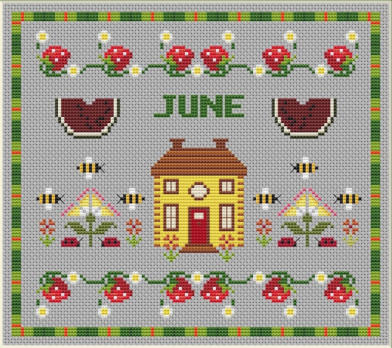June Cross Stitch Pattern, June Monthly Sampler, Calendar Cross Stitch ...