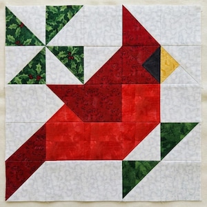Digital PDF Quilt Block Pattern|Cardinal Bird Quilt Block|Modern Patchwork|Instant Download