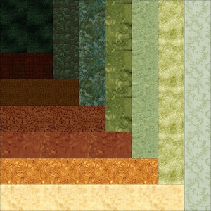 May include: A patchwork quilt square with a mix of green, brown, and gold fabrics. The design uses rectangular and square shapes with diverse textures and patterns. The overall effect is a visually appealing and textured composition.