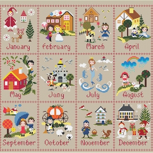 12 months Calendar ,Calendar Cross Stitch Pattern, Season,Digital Instant Download PDF Needlepoint Pattern Embroidery Chart DMC X-stitch