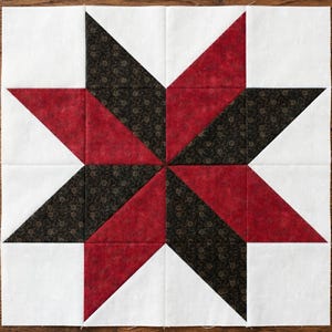 May include: A quilt block featuring a star design. The star is composed of red, black, and white fabric triangles. The black fabric has a gold floral pattern. The quilt block is square and appears to be handmade.