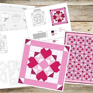 K&ouml;nnte beinhalten: Eine Sammlung von Patchworkmustern und -designs mit herzf&ouml;rmigen Motiven in Rosa- und Rott&ouml;nen. Die Muster enthalten detaillierte Diagramme und Anweisungen zur Erstellung von Quiltbl&ouml;cken und gr&ouml;&szlig;eren Quiltlayouts. Die Designs werden auf wei&szlig;em Papier dargestellt.