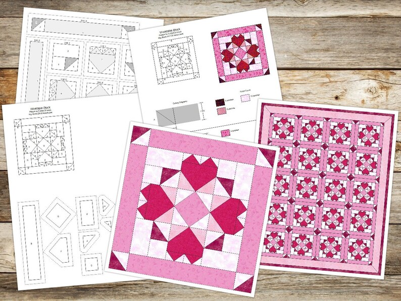 K&ouml;nnte beinhalten: Eine Sammlung von Patchworkmustern und -designs mit herzf&ouml;rmigen Motiven in Rosa- und Rott&ouml;nen. Die Muster enthalten detaillierte Diagramme und Anweisungen zur Erstellung von Quiltbl&ouml;cken und gr&ouml;&szlig;eren Quiltlayouts. Die Designs werden auf wei&szlig;em Papier dargestellt.