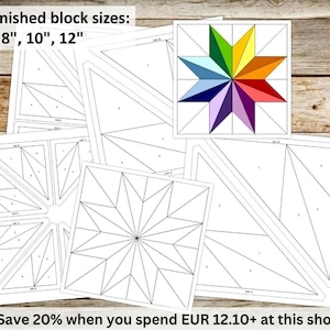 Modèles de fondation en papier (FPP) | Motif de blocs de courtepointe en étoile à 8 branches, 4 tailles de blocs finis : 6,8,10,12 po., PDF numérique, téléchargement immédiat