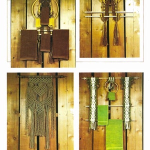 May include: Four different ways to hang towels using macrame and dowels. The first image shows a brown towel hanging on a macrame hoop with a yellow and brown design. The second image shows a brown and white macrame design with two dowels and a brown towel hanging on the dowels. The third image shows a green macrame wall hanging with a knotted design. The fourth image shows a green and white macrame design with two dowels and a green towel hanging on the dowels.