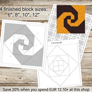 May include: Quilting pattern templates with text indicating four finished block sizes: 6", 8", 10", and 12". The templates include a color example and a coloring page. The design features a spiral pattern.