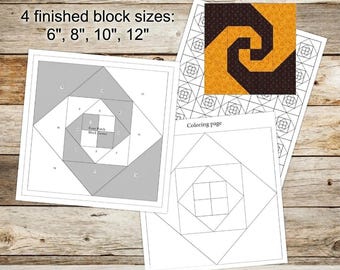 Foundation Paper Piecing (FPP) Templates|Snail's Trail Quilt Block Pattern|4 finished block sizes: 6,8,10,12"|Digital PDF|Instant Download