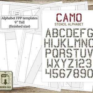 Mallar för Foundation Paper Piecing (FPP), CAMO-stencilmönster med alfabetsmönster, färdig storlek 23 cm, digital PDF, direktnedladdning