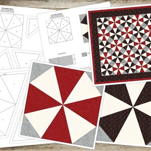 May include: A quilting pattern for a Windsock Block quilt. The pattern includes instructions for cutting fabric and assembling the blocks. The image also shows a finished quilt block in red, white, and gray fabric.