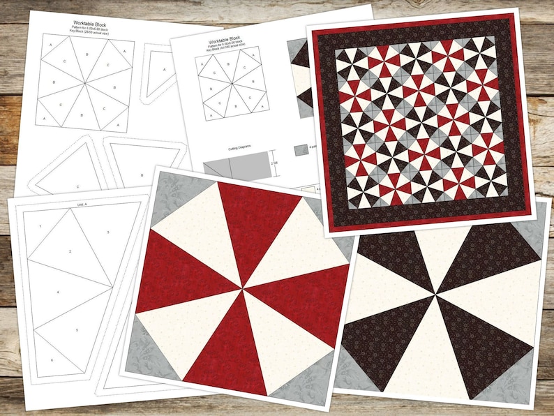 May include: A quilting pattern for a Windsock Block quilt. The pattern includes instructions for cutting fabric and assembling the blocks. The image also shows a finished quilt block in red, white, and gray fabric.