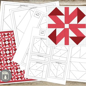 May include: A collection of quilt patterns and templates, featuring geometric designs in red and white. The patterns include detailed diagrams and a finished quilt block example. The image also shows a PDF download icon.