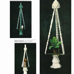 May include: Three macrame plant hangers, each with a different design. The first is white with a white tassel, the second is teal with a teal tassel, and the third is white with a white tassel. Each hanger has a shelf for a plant or other object.