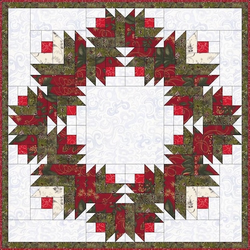Molde para bloco de patchwork com guirlanda de rosas de Natal, PDF para download instantâneo, patchwork moderno.
