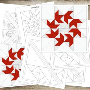 May include: A collection of white paper quilting patterns with red and white geometric designs. One sheet is labeled "Coloring Page". The patterns feature starburst and triangle shapes, ideal for quilting projects.