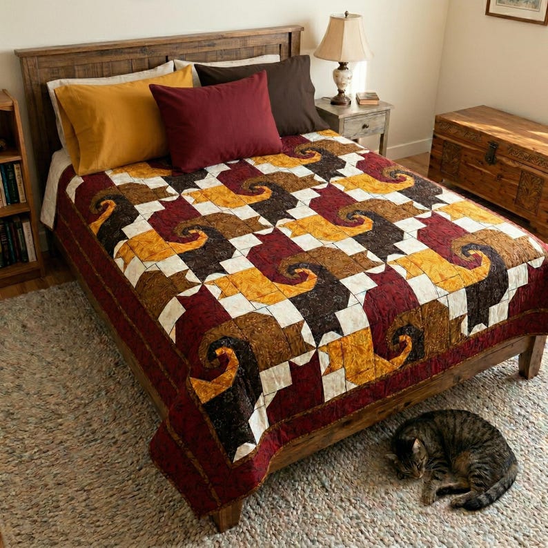 May include: A quilt featuring a repeating pattern of stylized cat shapes in shades of mustard yellow, dark brown, and deep red, arranged on a cream-colored background. The quilt covers a wooden bed frame with a mustard yellow pillow and a dark red pillow.