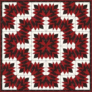 May include: A square quilt with a repeating pattern of red and black floral designs on a white background. The quilt has a red border and is composed of multiple square blocks, each featuring a stylized flower.