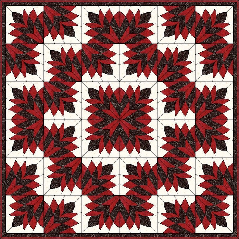 May include: A square quilt with a repeating pattern of red and black floral designs on a white background. The quilt has a red border and is composed of multiple square blocks, each featuring a stylized flower.