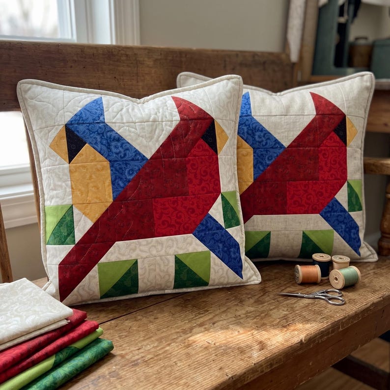 May include: Two square throw pillows with a cardinal bird design. The birds are depicted in red, blue, yellow, and green geometric shapes on a cream background. The pillows are on a wooden bench with spools of thread and scissors.