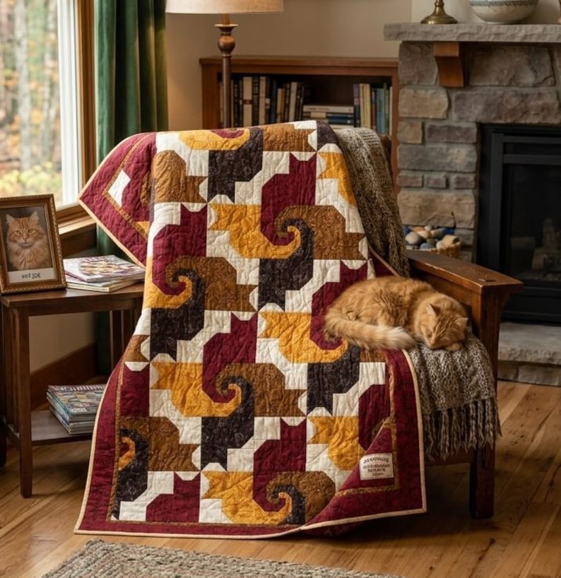 May include: A quilt featuring a repeating geometric pattern of stylized cats in shades of burgundy, mustard yellow, dark brown, and cream. The fabric has a subtle texture, and a small rectangular label is stitched onto the bottom right corner.