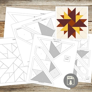 Puede incluir: Un conjunto de patrones y plantillas de patchwork. Los patrones presentan un diseño de estrella en tonos marrón, amarillo y crema. Las plantillas están impresas en papel blanco con líneas grises y negras. También se ve un icono de descarga PDF.