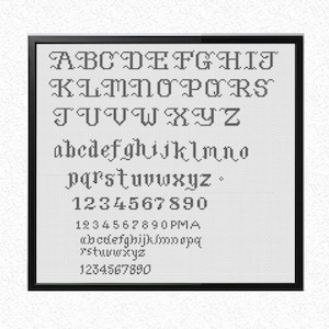 May include: Black and white alphabet chart featuring uppercase and lowercase letters, numbers, and punctuation marks. The letters are in a traditional serif font.