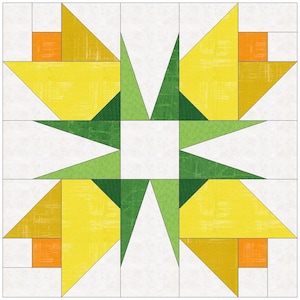May include: A quilt block design featuring a central star composed of green triangles. The design incorporates yellow and orange geometric shapes, set against a white background. The block is divided into a grid pattern.