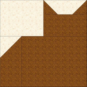 May include: A patchwork quilt block featuring a cream-colored square and triangle, paired with a brown floral patterned fabric. The design is geometric, with the cream-colored pieces creating a contrasting element against the darker brown.