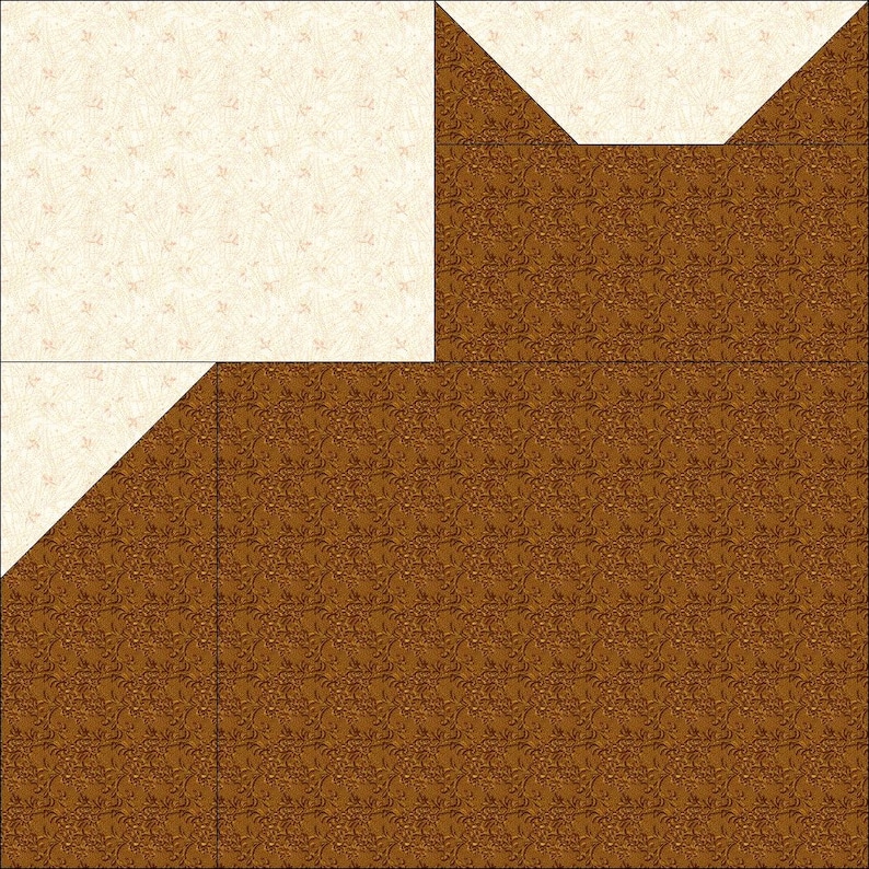 May include: A patchwork quilt block featuring a cream-colored square and triangle, paired with a brown floral patterned fabric. The design is geometric, with the cream-colored pieces creating a contrasting element against the darker brown.