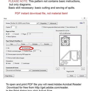 May include: A screenshot of a computer screen showing a print dialog box with options for printing a PDF file. The dialog box includes options for printer selection, page sizing, orientation, and more. The text "Actual Size" is highlighted in red, indicating that it is the recommended setting for printing the PDF file.