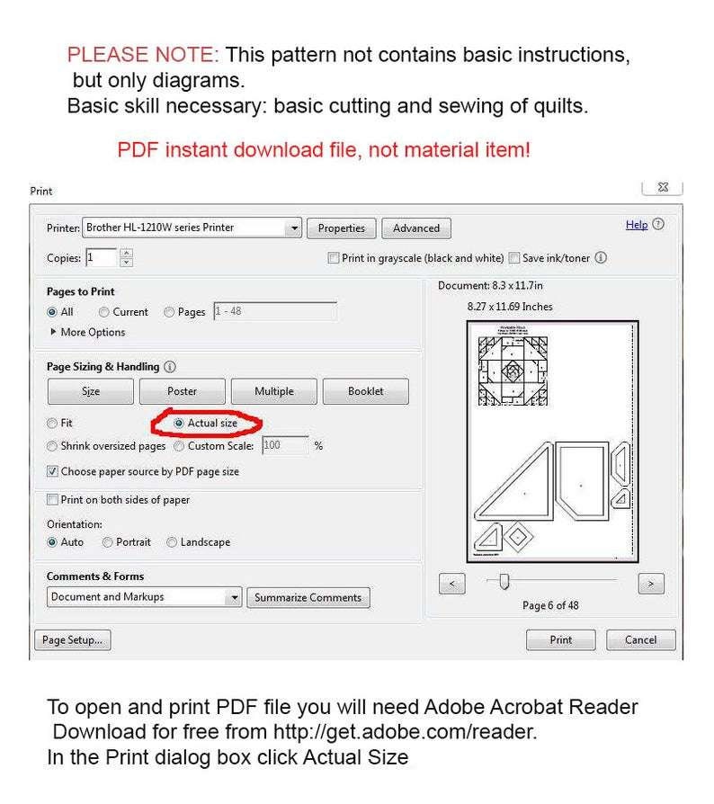 May include: A screenshot of a computer screen showing a print dialog box with options for printing a PDF file. The dialog box includes options for printer selection, page sizing, orientation, and more. The text "Actual Size" is highlighted in red, indicating that it is the recommended setting for printing the PDF file.