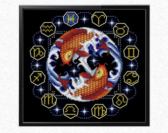 Fiskarnas astrologitecken korsstygnsmönster, stjärnbild, Fiskarnas zodiak, modernt korsstygn, zodiakmönster|enkel|Direkt nedladdning (PDF)