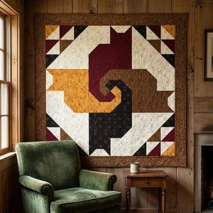 May include: A large, square quilt with a cat design in shades of white, gold, burgundy, brown, and black. The quilt is framed with a brown paisley border and hangs on a wooden wall. A green velvet armchair sits below.