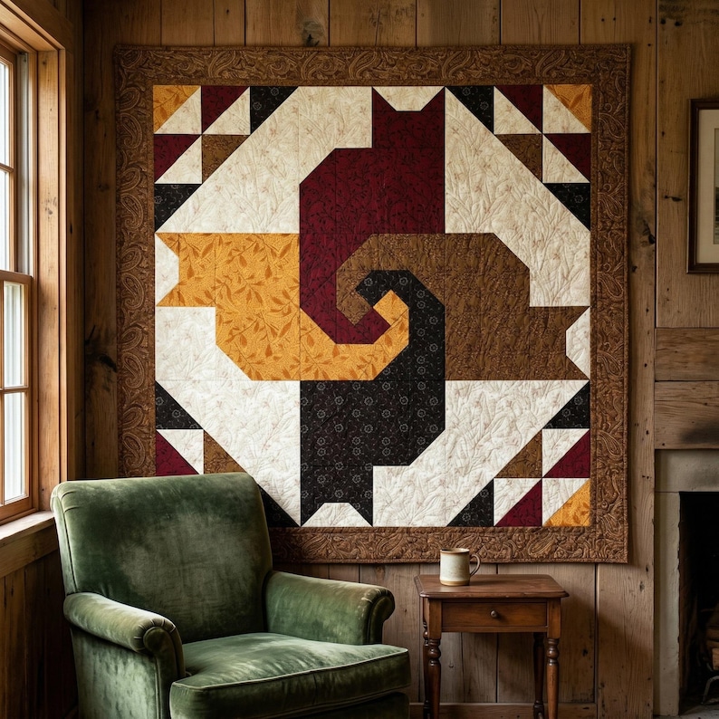 May include: A large, square quilt with a cat design in shades of white, gold, burgundy, brown, and black. The quilt is framed with a brown paisley border and hangs on a wooden wall. A green velvet armchair sits below.