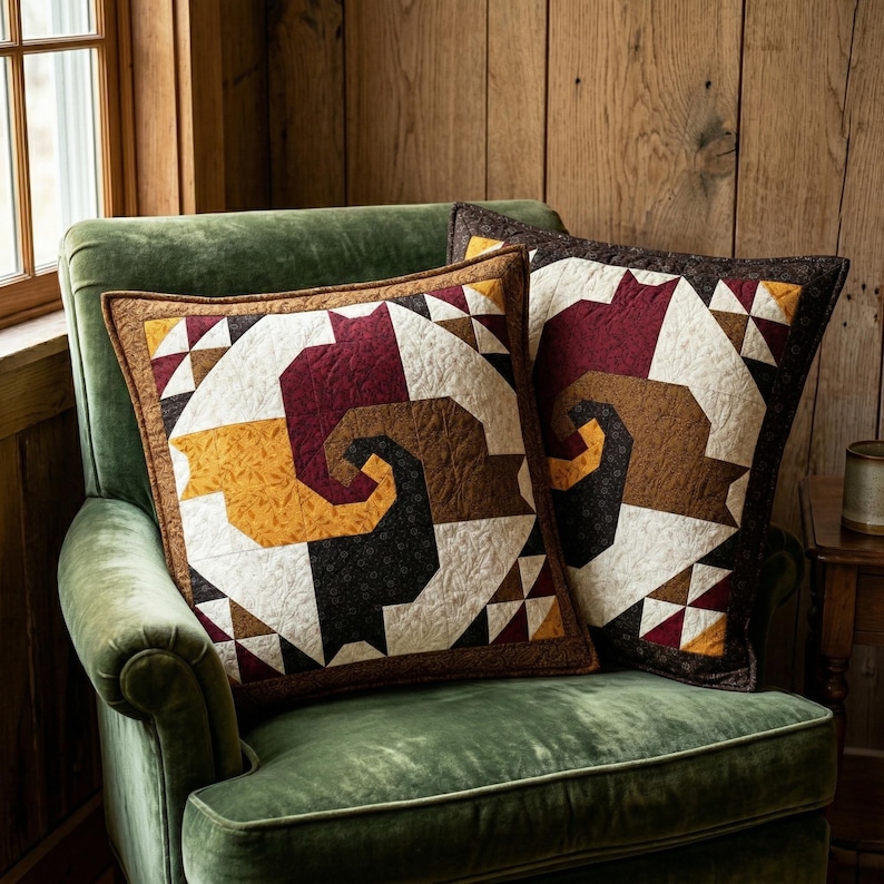 May include: Two square decorative pillows with geometric patterns rest on a green velvet armchair. The pillows feature a spiral design in shades of brown, burgundy, gold, and white, framed by a brown border. The background is a wooden wall.
