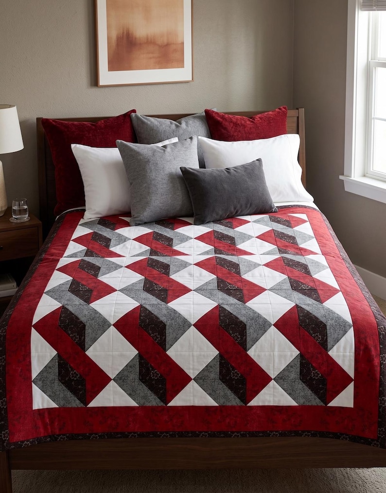 May include: A quilt featuring a geometric pattern of interlocking shapes in shades of red, white, dark grey, and black. The design consists of repeating squares and diamond-like forms arranged in a grid, finished with a solid red border.