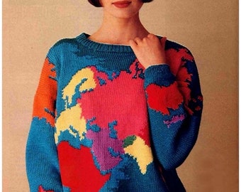 Vintage Knitting Pattern|Intarsia Charts for World Map Sweater|Pattern from Vogue Knitting Magazine 1991 Spring-Summer|Instant Download PDF