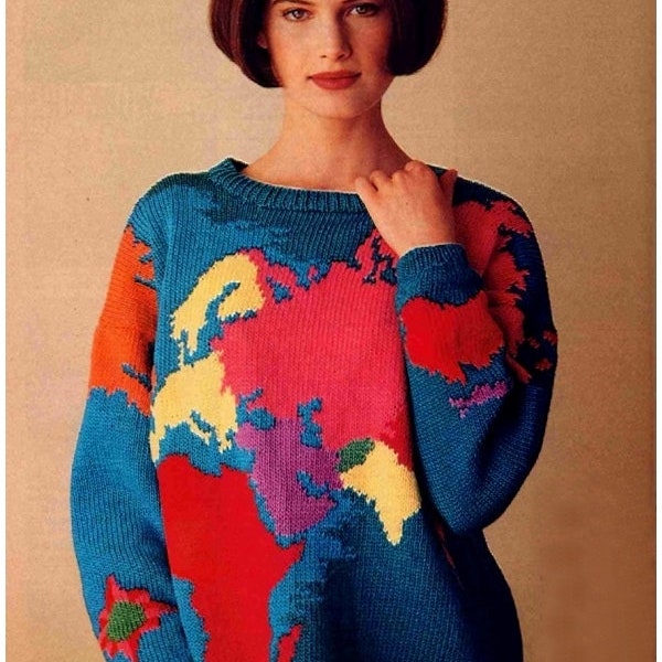 vintage Knitting Pattern|Intarsia Charts for World Map Sweater|Modèle de Vogue Knitting Magazine 1991 Spring-Summer|Téléchargement instantané PDF
