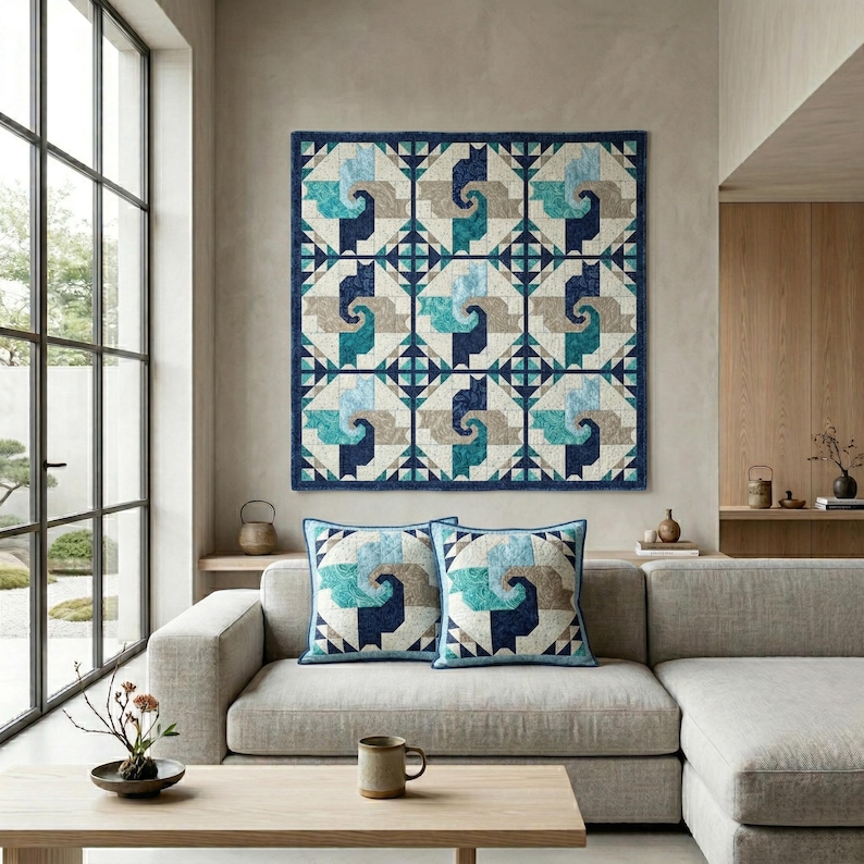 May include: A modern living room features a large, square quilt and two matching throw pillows. The quilt and pillows display a repeating pattern of swirling shapes in shades of blue, teal, and beige, set against a white background.