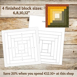 May include: A quilt block pattern with the text "4 finished block sizes: 6,8,10,12"" and a sample quilt block in shades of yellow, green, and brown. Two line drawings of the quilt block are also shown. The background is a wooden surface.