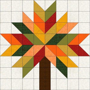 May include: A quilt block pattern featuring a stylized maple leaf design composed of geometric triangles in shades of orange, yellow, red, and dark green, set against a white background with a grid of thin black lines and a brown trunk.