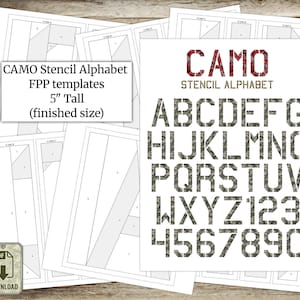 Mallar för Foundation Paper Piecing (FPP), CAMO-stencilmönster för alfabetsquiltblock, färdig storlek 13 cm hög, digital PDF, direktnedladdning